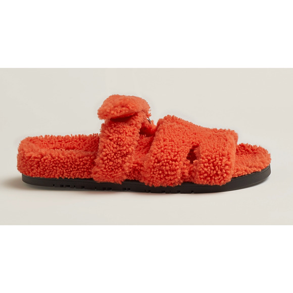 Hermes Chypre Sandal Teddy Shearling Fur Orange H Logo Slide Mule Flat Flip 37.5 - Picture 5 of 12